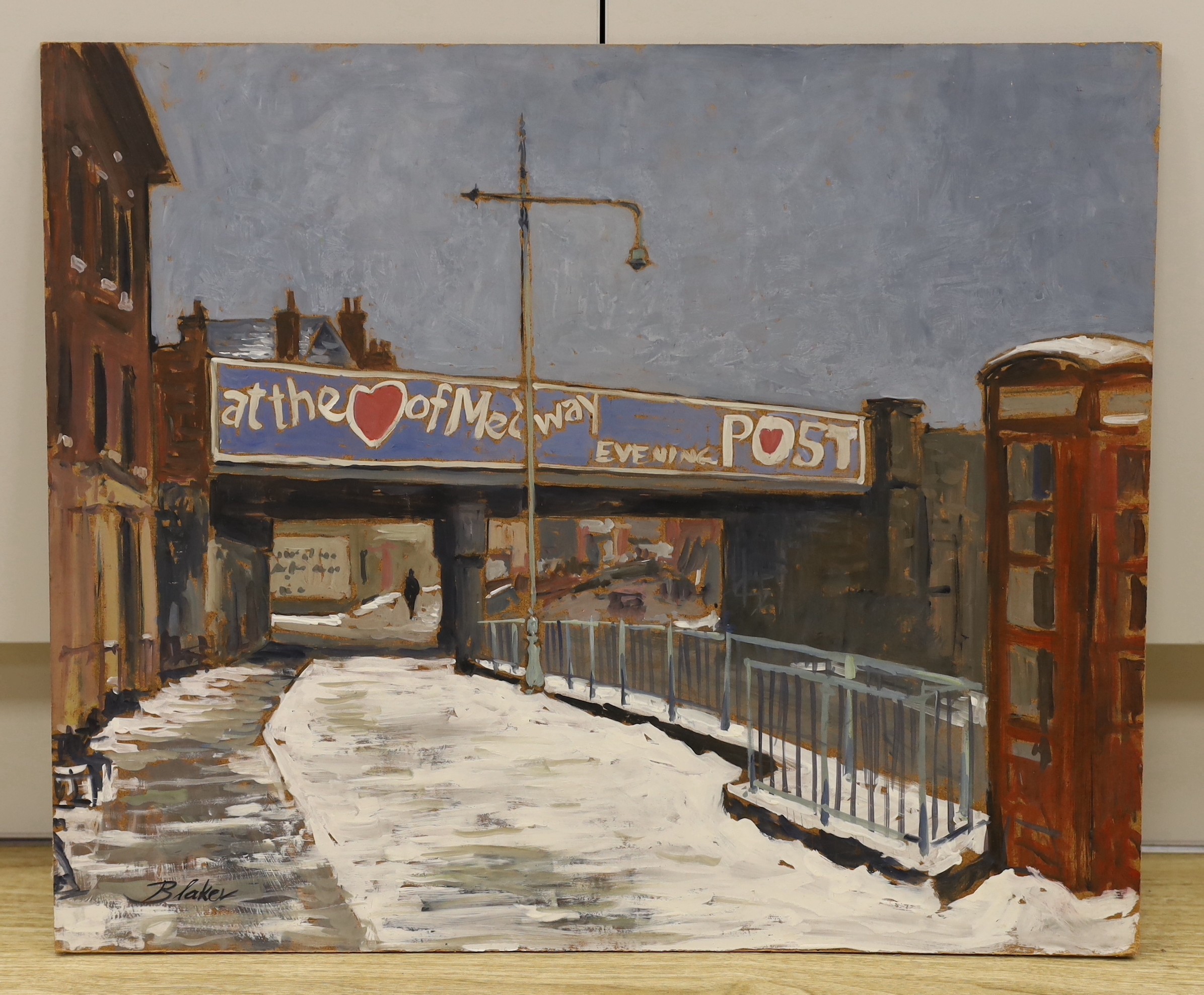 Michael Blaker (1928-2018), oil on board, 'Railway bridge over the High Street, Rochester', signed, 50 x 61cm, unframed